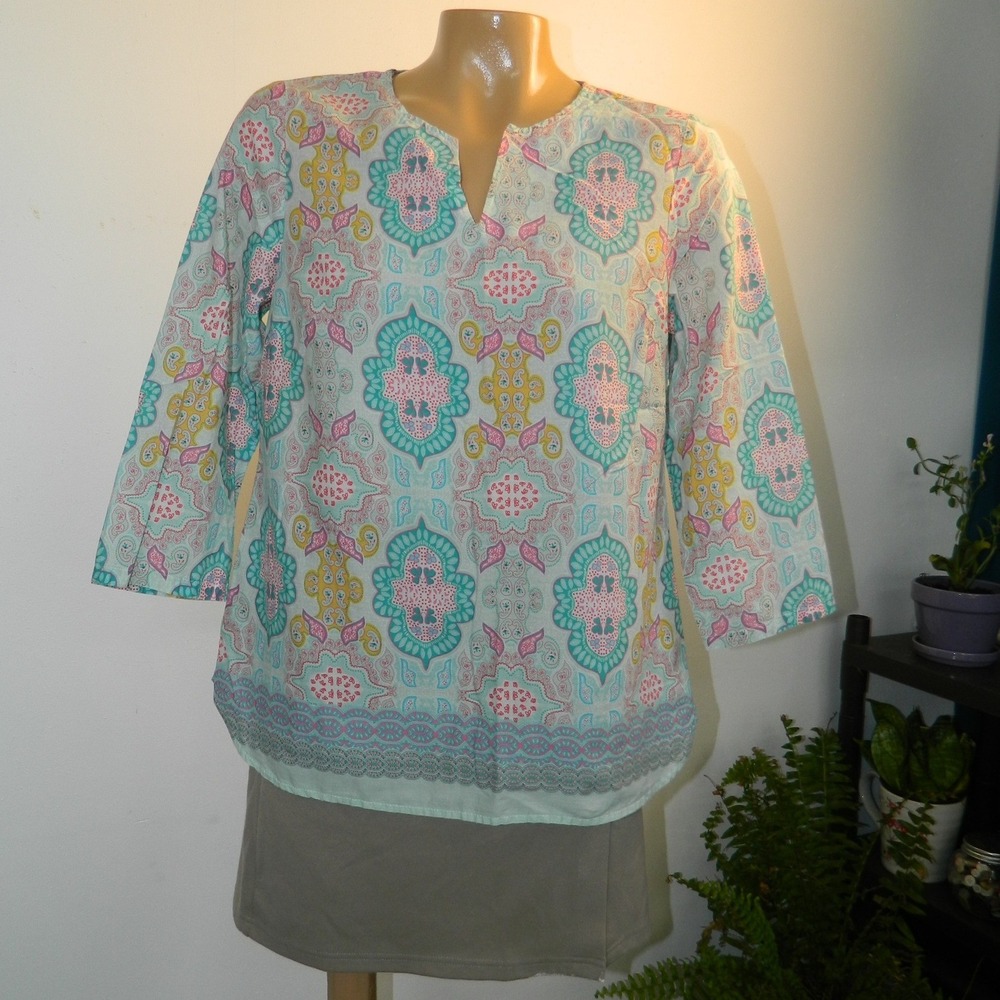 Talbots Blouse Top Womens SP Blue Pink Paisley Cotton 3/4 Sleeve Split Neck